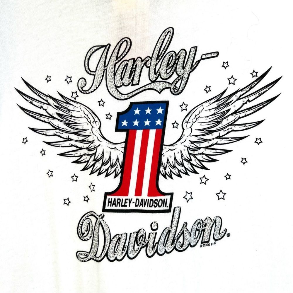 Harley Davidson Women's Winged Graphic Patriot Red White Jewel Biker Tee SZ L - Picture 11 of 14
